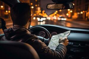 man körning en bil använder sig av navigatör, ai generativ foto