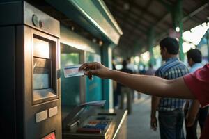 man använder sig av Bankomat maskin på tunnelbana station , ai genererad foto