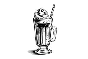 choklad mjölk skaka skiss gravyr vektor illustration. svart och vit isolerat sammansättning. foto
