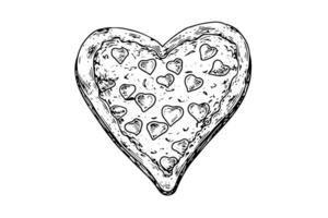 hjärtformade pizza skiss hand dragen gravyr stil vektor illustration foto