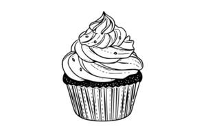 muffin i gravyr stil. bläck skiss isolerat på vit bakgrund. hand dragen vektor illustration foto
