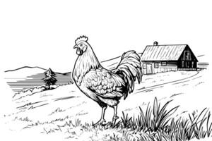 kycklingar i bruka skiss. lantlig landskap i årgång gravyr stil vektor illustration. foto