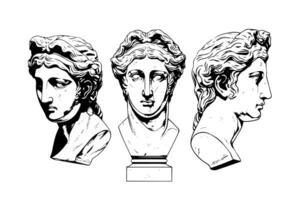 uppsättning av antik staty huvud av grekisk skulptur skiss gravyr stil vektor illustration packa. foto