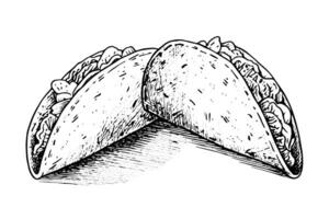 hand dragen bläck skiss av taco. traditionell mexikansk snabb mat illustration. vektor teckning. foto