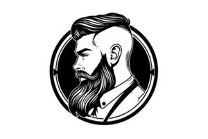 hand dragen porträtt av skäggig man i profil. hipster bläck skiss. logotyp vektor illustration. foto