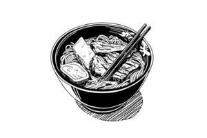 Ramen nudel japansk mat vektor gravyr stil illustration. bläck skiss logotyp eller meny begrepp. foto