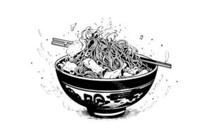 Ramen nudel japansk mat vektor gravyr stil illustration. bläck skiss logotyp eller meny begrepp. foto