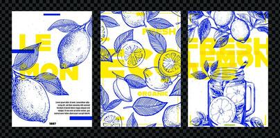 hand dragen citron- frukt posters uppsättning. blå och gul vektor illustration i gravyr stil. design affischer, förpackning, inbjudan, hälsning kort. foto