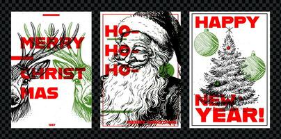 uppsättning av glad jul flygblad, affisch eller vykort med ren, santa claus och en jul träd. årgång vektor kort med hand dragen i graverat stil. foto