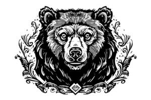 bläck hand teckning skiss Björn maskot eller logotyp huvud. vektor illustration i gravyr stil. foto