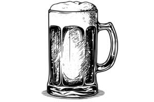 öl glas med ale och frodig skum.hand dragen bläck skiss. gravyr årgång stil vektor illustration. foto