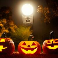 halloween pumpa bakgrund med läskigt pumpa domkraft o lykta i en mörk lynnig skog foto