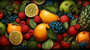 bakgrund av olika typer av färsk frukt foto
