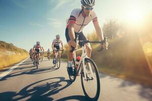 grupp av cyklister på grupp rida, ai genererad foto