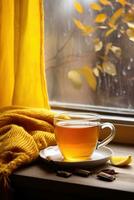 kopp av varm te på fönster, gul pläd och ridå , regn utanför. ai genererad foto