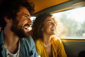 Lycklig par njuter väg resa tillsammans, ai generativ foto