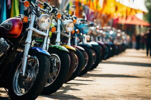 motorcyklar parkerad på de motorcyklar parkering massa på sammankomst eller händelse, ai genererad foto