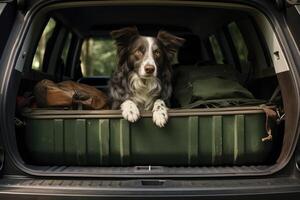 söt hund Sammanträde i de trunk av en bil, ai genererad foto