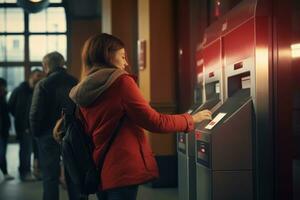 kvinna använder sig av Bankomat maskin på tunnelbana station , ai genererad foto