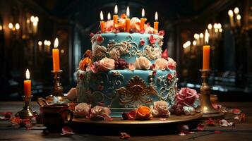 födelsedag kaka med massor av ljus foto