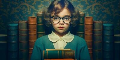 förtjusande smart flicka med glasögon innehav en stack av böcker på blå bakgrund - ai genererad foto