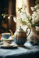 årgång tona Foto av te kopp tekanna och blommor skapande en charmig atmosfär