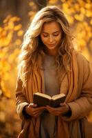 flicka tätt klämmer fast en bibel upptäckt tröst i dess hoppas omgiven förbi en skön värma Färg palett foto
