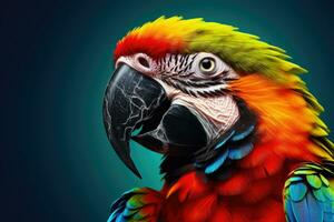 stänga upp av porträtt färgrik papegoja ara med skön fjädrar och vingar, naturlig fåglar från amazon skog, vilda djur och växter begrepp, med generativ ai. foto