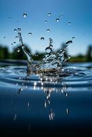 fängslande vatten liten droppe stänk krusningar formning på vatten yta - ai genererad foto