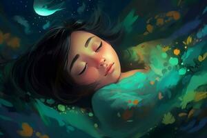 flicka drömma sömn surrealistiskt. generera ai foto