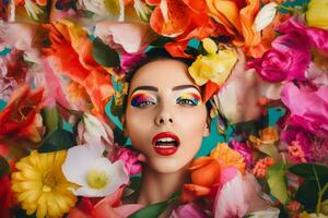 kvinna ansikte täckt blommor. generera ai foto