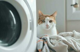 katt tvättning maskin. generera ai foto