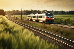 snabb tåg i landsbygden, skapas med generativ ai foto