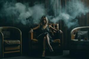 ensamhet i skuggor fängslande kvinna i en mörk rum vilar på en läder fåtölj - ai genererad foto