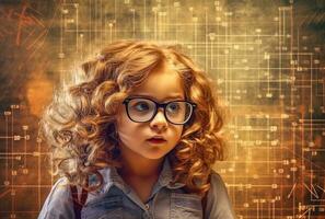 söt liten smart begåvad flicka med glasögon omgiven förbi vetenskaplig symboler - ai genererad foto