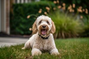 porträtt av en Lycklig utomhus- sommar hund generativ ai foto