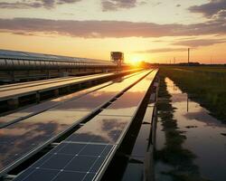 sol- energi paneler på de tak av en kraft växt på solnedgång foto