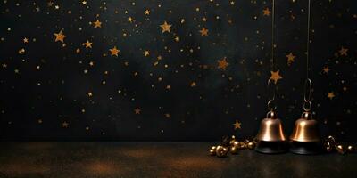 jul bakgrund med gyllene klockorna och stjärnor. 3d tolkning, 3d illustration. foto