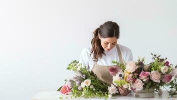 kvinna blomsterhandlare framställning skön bukett på tabell i blomma affär foto