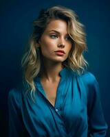 en skön blond kvinna i en blå skjorta generativ ai foto