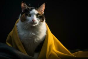 en kalikå katt är insvept i en gul filt generativ ai foto