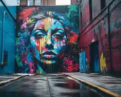 en färgrik mural av en kvinnors ansikte på de sida av en byggnad generativ ai foto