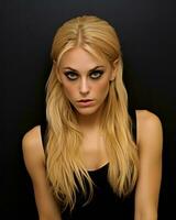 en skön blond kvinna med lång hår och blå ögon generativ ai foto