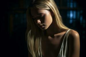 en skön blond kvinna med henne ögon stängd i en mörk rum generativ ai foto