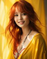 en skön ung kvinna med röd hår Framställ för de kamera generativ ai foto