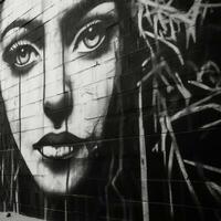 en svart och vit Foto av en kvinnors ansikte på en vägg generativ ai