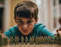 Foto av Tonårs pojke spelar med leksak soldater, generativ ai