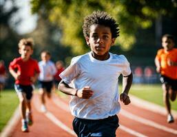 Foto av pojke barn löpning lopp sport på skola, generativ ai