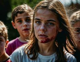 Foto grupp av flicka varelse mobbad med sår och blod i de gäng, generativ ai