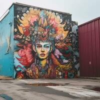 en färgrik mural av en kvinna på de sida av en byggnad generativ ai foto